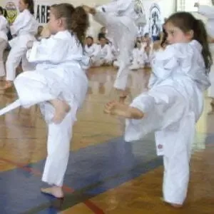 Children practicing high kick technique